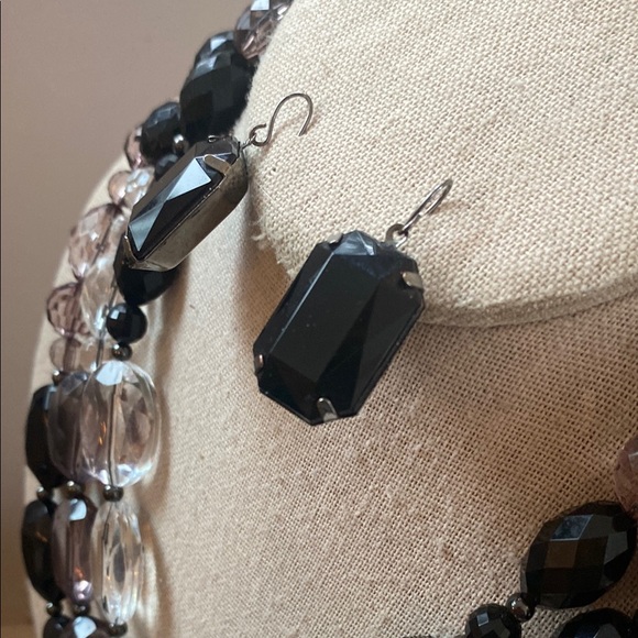 Gorgeous triple strand, Black and Clear Beaded Necklace Set - Picture 3 of 5